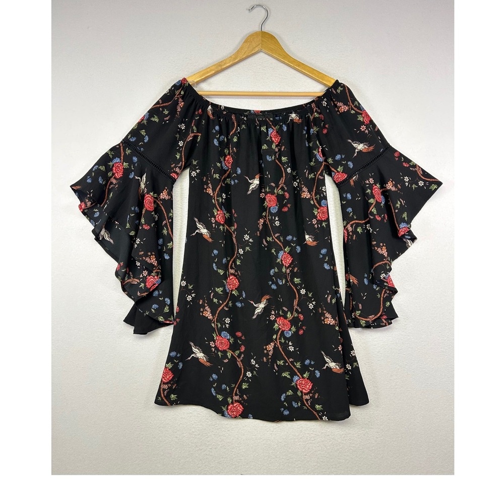 Boho Cottagecore Wishful‎ Women Large Black Floral Crane Bell Sleeve Mini Dress